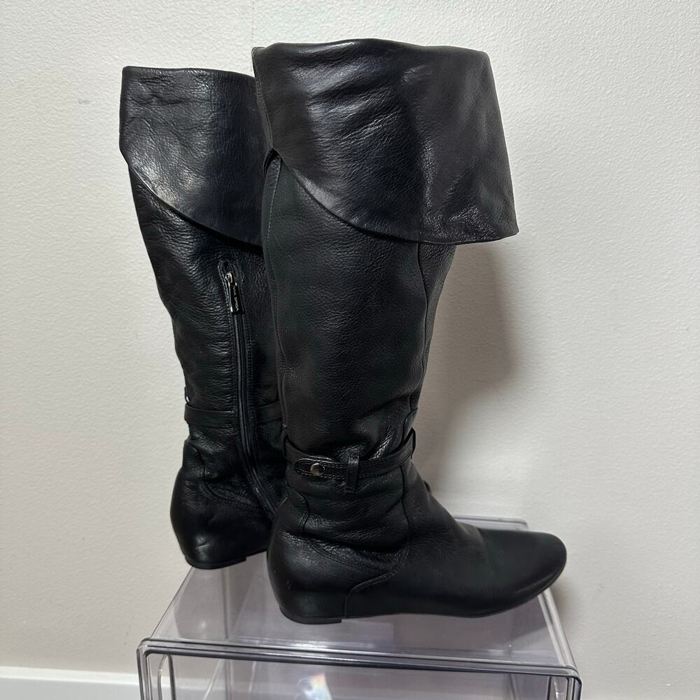 Via Spiga Black Leather Knee High Boots Women 6 Slouch Riding Zip Low Heel - Picture 4 of 11